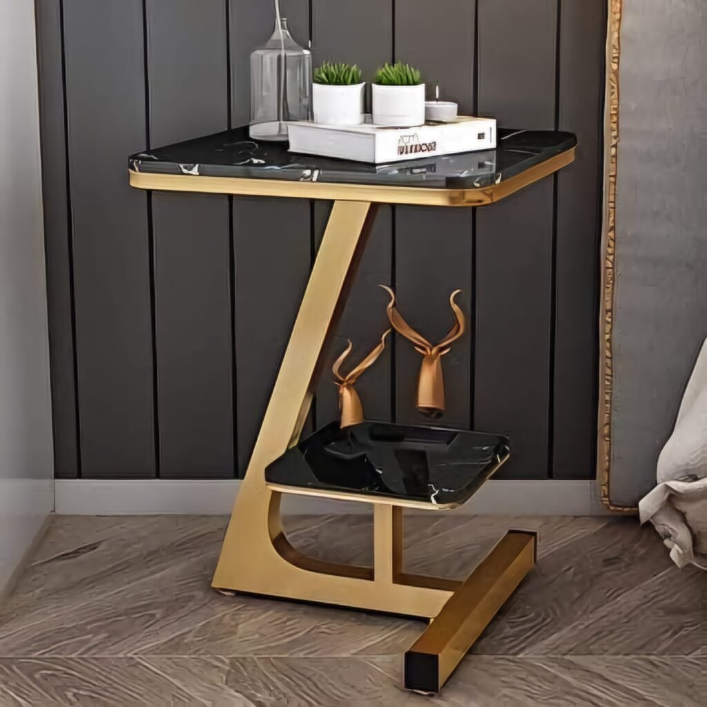 Z Shape Antique Golden Finish Marble Side Tables for Luxury Interiors