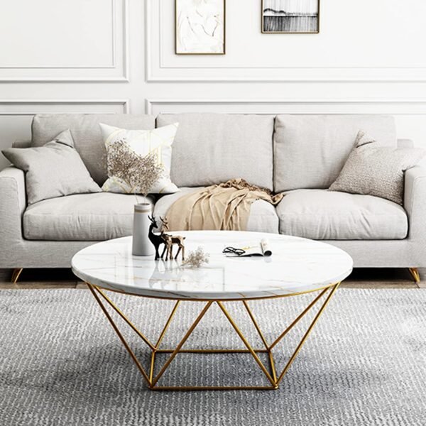 Aurora Luxe White Marble Coffee Table with Gold Geometric Base - Image 3