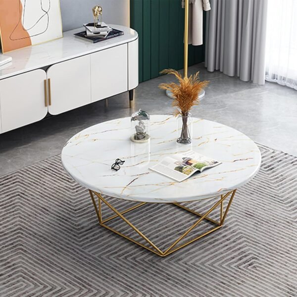 Aurora Luxe White Marble Coffee Table with Gold Geometric Base - Image 6