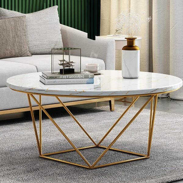 Aurora Luxe White Marble Coffee Table with Gold Geometric Base