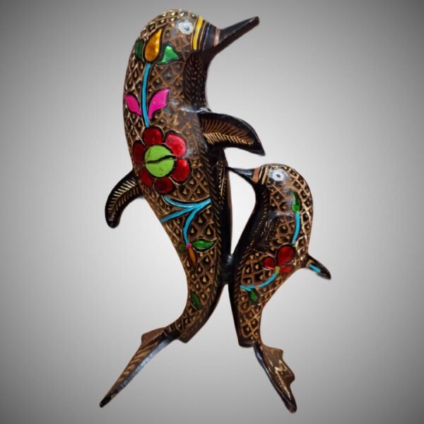 Dancing Dolphin Pair – Handcrafted Brass Figurine with Vibrant Meenakari Art - Image 2