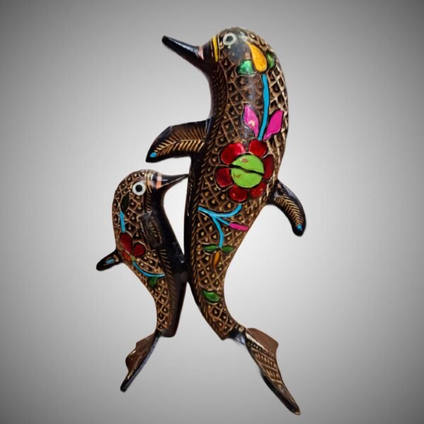 Dancing Dolphin Pair – Handcrafted Brass Figurine with Vibrant Meenakari Art