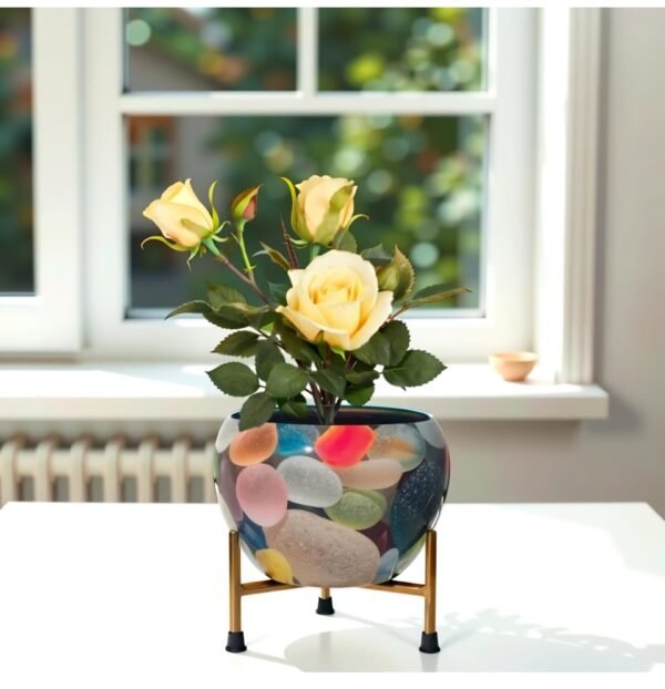 Metal Planter with Multicolour Pebble Print & Golden Stand
