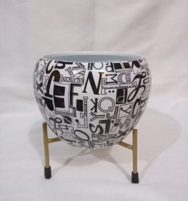 Black & White Typography Metal Planter with Stand