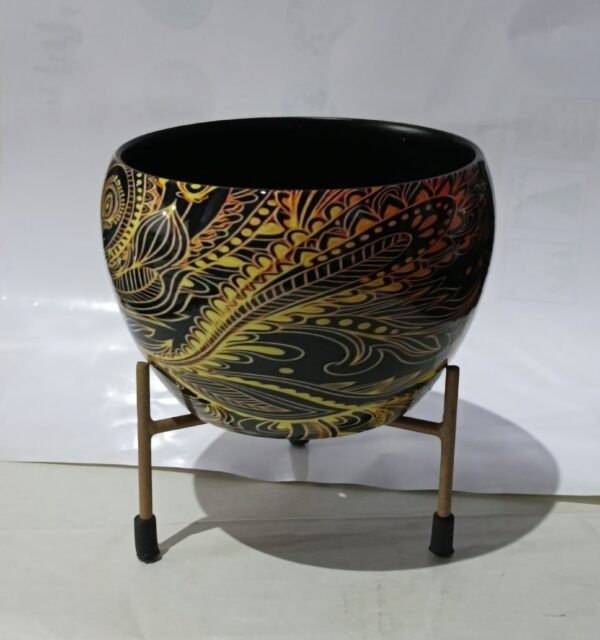 Black & Gold Paisley Metal Planter with Stand – Intricate Ethnic Design