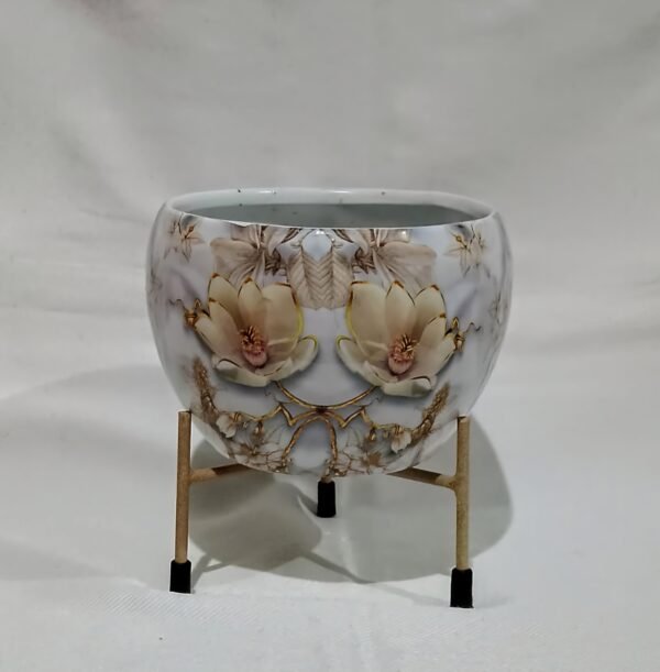 Floral Embossed Metal Planter with Gold Stand – White & Beige Magnolia Design