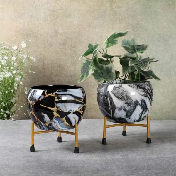 Black & Grey Marble Print Metal Planter Set with Gold Stands (Set of 2)