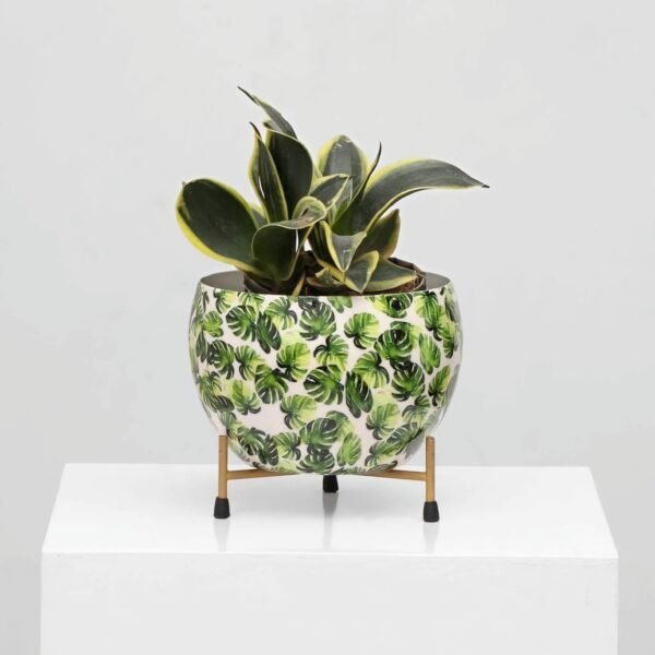 Monstera Leaf Print Metal Planter with Stand