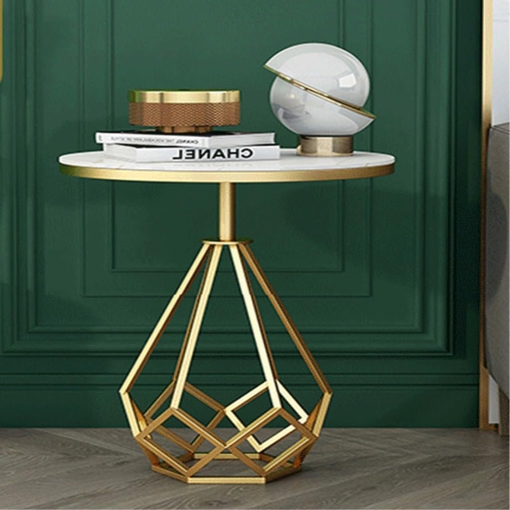 Luna Geo White Marble Side Table with Gold Sculptural Base