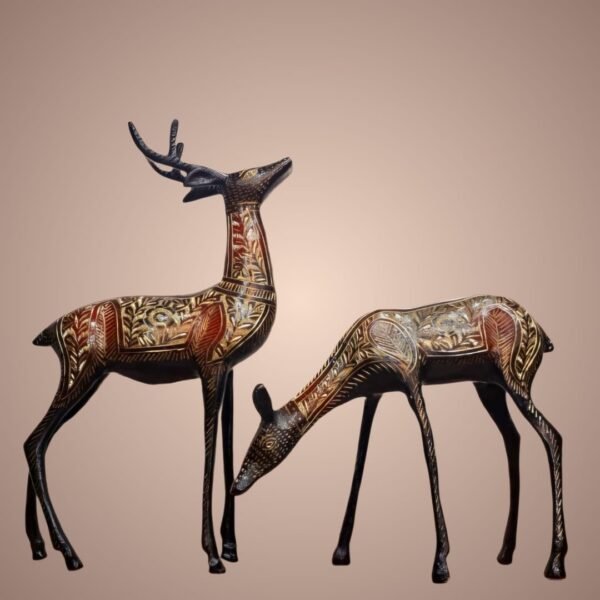 Majestic Brass Deer Pair – Handcrafted Meenakari Decorative Figurines - Image 2