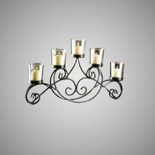 Black Iron Wall Mounted 5 Votive Candle Holder with Glass Cups - Image 2