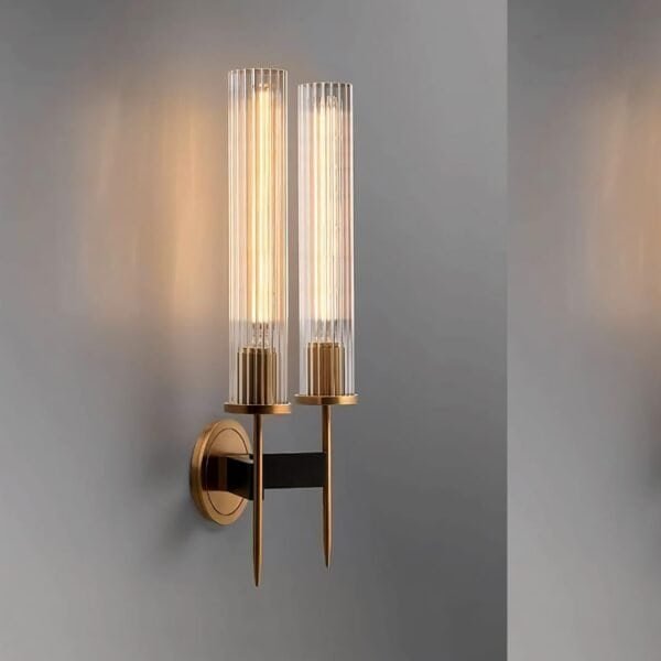 Luxury Gold Double Tube Wall Light with Ribbed Glass Shade