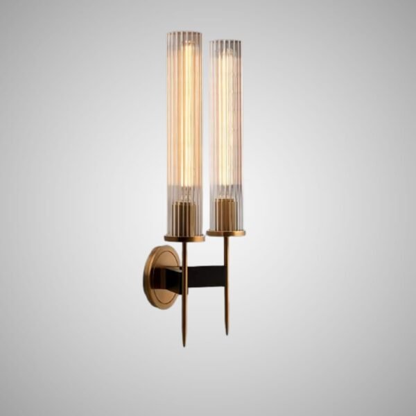 Luxury Gold Double Tube Wall Light with Ribbed Glass Shade - Image 2
