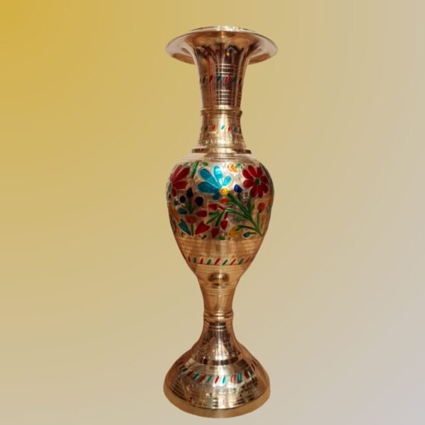 Antique Handcrafted Brass Flower Vase with Enamel Floral Design