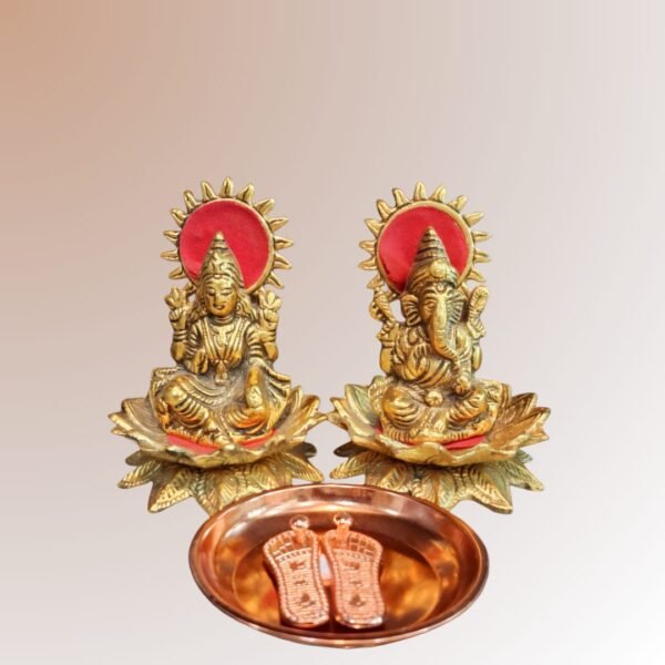 Brass Lakshmi Ganesh Idol Set with Copper Plate & Charan Paduka