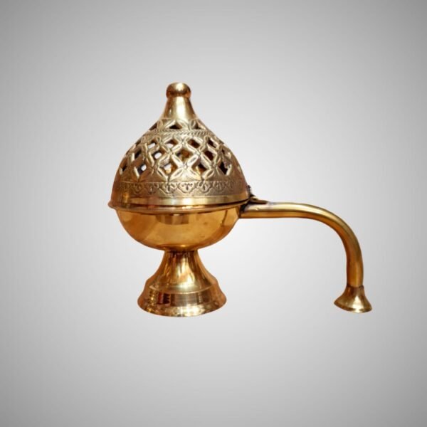 Small Brass Dhoop Dani / Luban Dani with Handle – Antique Finish - Image 2