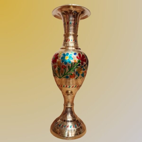 Antique Handcrafted Brass Flower Vase with Enamel Floral Design - Image 2
