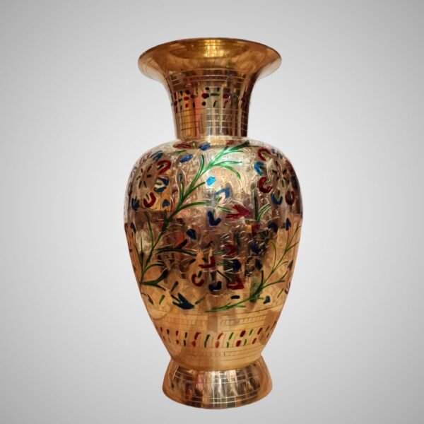 Brass Flower Vase with Multicolor Floral & Bird Engraving - Image 2