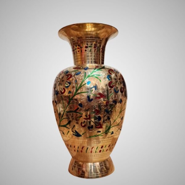 Brass Flower Vase with Multicolor Floral & Bird Engraving