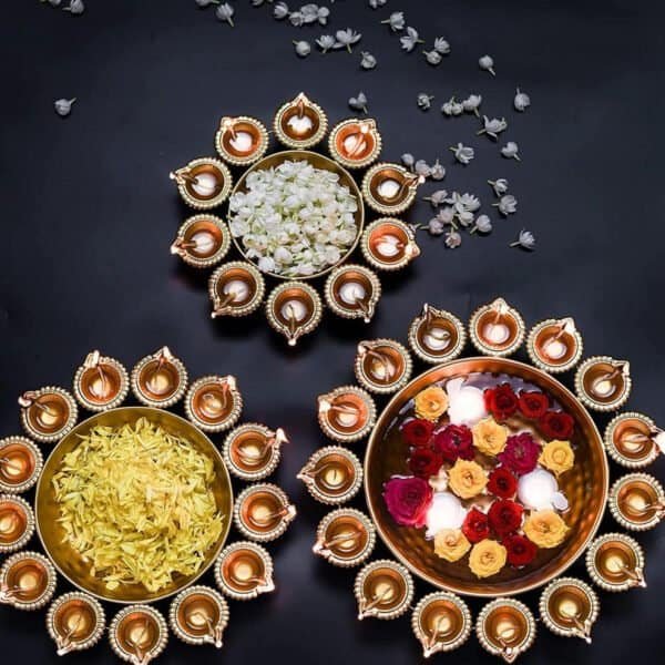 Diwali Decorative Brass Metal Urli with Attached Diyas – Set of 3