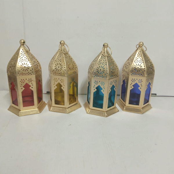 Antique Hanging Lanterns with Colorful Glass – Set of 4 Decorative Tealight Candle Holders for Diwali
