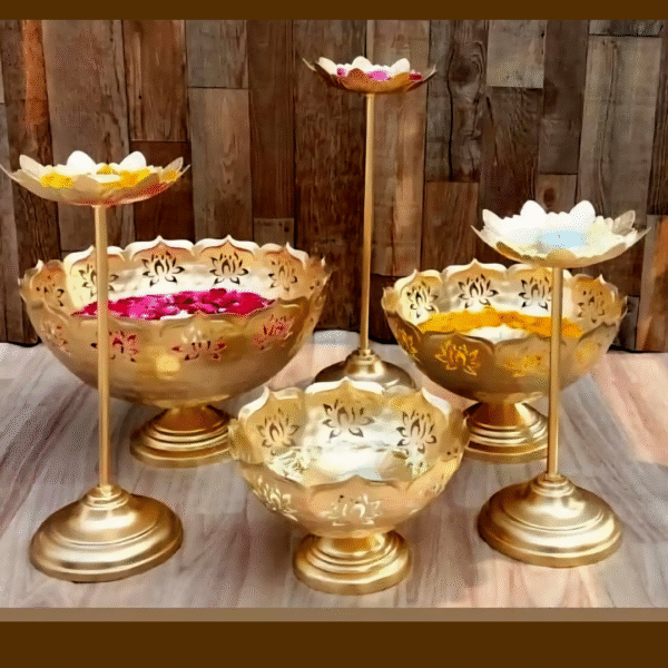 Brass Urli Bowls with Diya Stands – Set of 6 Decorative Bowls & Diwali Home Décor
