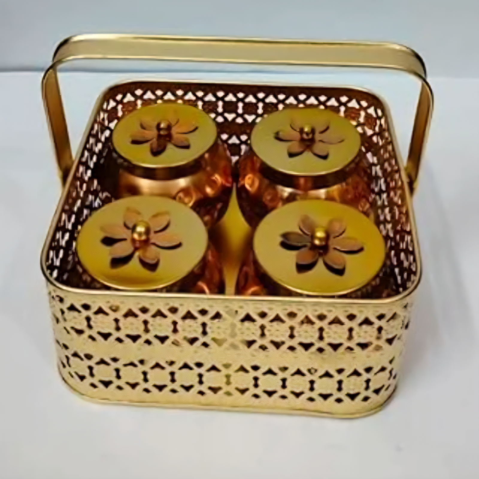 Golden Dry Fruit Hamper Basket with 4 Lotus Lid Jars – Decorative Gift Set for Diwali & Weddings