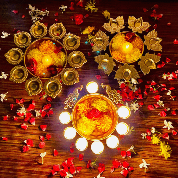 Lotus & Peacock Urli Diya Set of 3 – Brass Finish Decorative Diyas