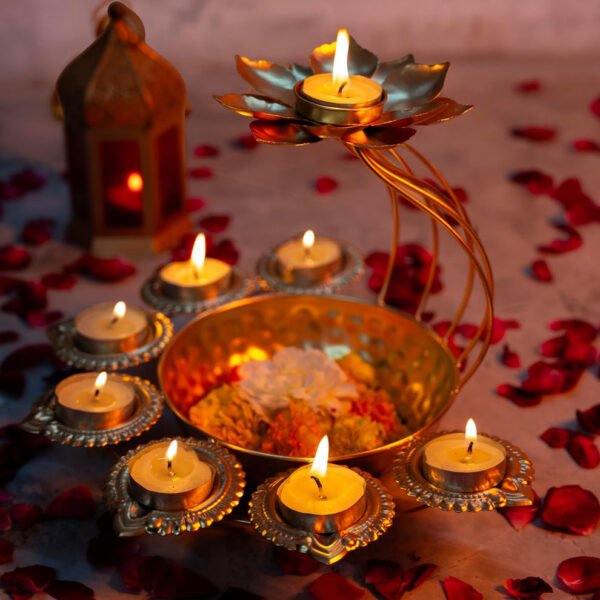 Metal Diya Urli with Lotus Candle Holder for Home & Festival Décor