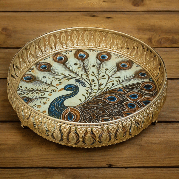 Peacock Meenakari Gold Metal Decorative Tray – Gift Hamper Basket for Home Decor & Diwali