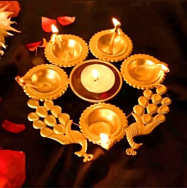 Peacock Design Urli Diya – Decorative Brass Finish Bowl with 5 Diyas