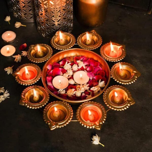Round Brass Finish Urli with 10 Diyas – Festival & Home Décor