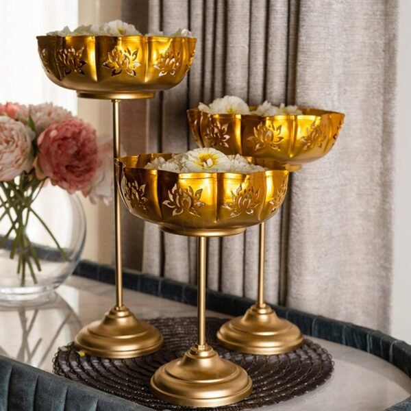 Golden Lotus Design Urli Bowl Stand – Set of 3 for Diwali office home decor