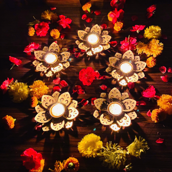 Lotus Tealight Holder Set of 5 – Golden Diyas for Diwali & Home Décor