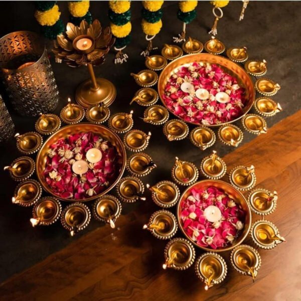 Antique Finish Brass Urli with Diyas set of 3 – for Diwali Home Décor